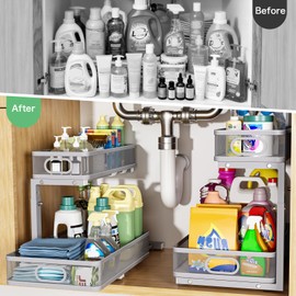 Uder Sink Organizer, High Adjustable 2 Tier Under Sink Organizers and Storage, Slide Out Metal Cabinet Organizers, Pull Out Sink Storage Drawer Shelf for Kitchen Bathroom Cabinet, Grey, 2 Pack