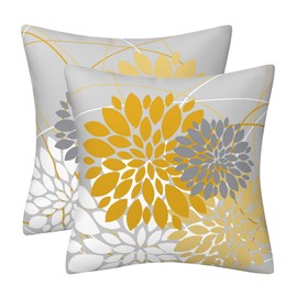 Grey Yellow Pillow Covers 18x18 Inch Spring Summer Dahlia Throw Pillow Covers Geometric Floral Elegant Line Square Cushion Cases Farmhouse Outdoor Home Decor for Sofa Bed Living Room, Set of 2