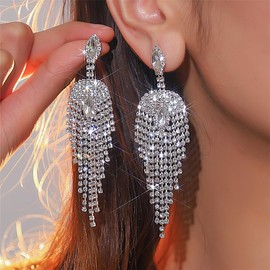 Octwine Women Statement Silver Rhinestone Tassel Earrings Sparkly Long Rhinestones Chandelier Dangle Drop Earrings Bridal Wedding Party Prom Earrings Teardrop Dangle Earrings for Women, Large,