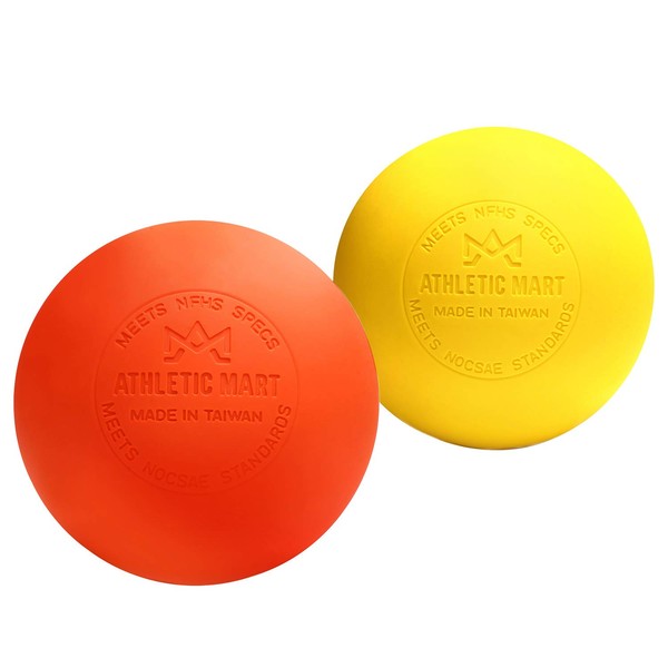 ATHLETIC MART Massage Ball, Pack of 2, Lacrosse Ball, Official Game Ball, Stretch Ball, Myofascial Release, Shoulders, Neck, Waist, Thighs, Calves, and Sole Acupuncture Pressing, Trigger Point, 2 Colors, Orange x Yellow