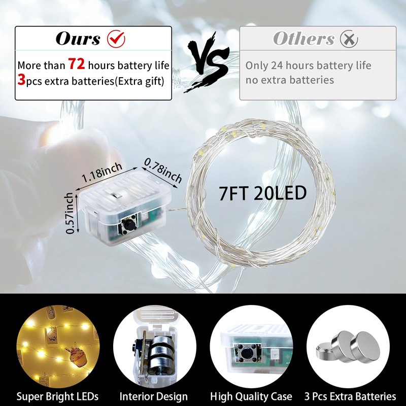 chzk 8 Pack White Fairy Lights 7Ft 20 LED Twinkle