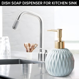 Ceramics Gold Soap Dispenser for Bathroom, Relief Soap Dispenser for Kitchen Sink, 400ml/13.5Oz Refillable Liquid Hand Soap Dispenser with Gold Pump (Gray Blue).