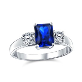 Timeless Classic Style 2CT Rectangle Blue Simulated Sapphire Emerald Cut Three Stone Past Present Future Promise Engagement Ring For Women .925 Sterling Silver Plain Band