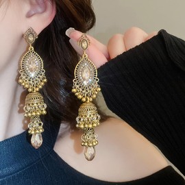 Wiwpar Antique Golden Bohemian Long Tassel Bell Crystal Vintage Indian Bollywood Jhumka Jhumki Drop Earrings Traditional Ethnic Beads Bell Statement Chandelier Dangle Earrings for Women (Gold)