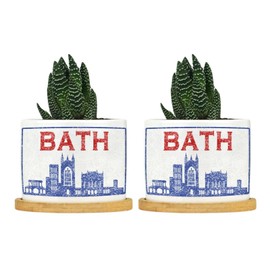 DecStic United Kingdom Bath Planter Ceramic Support Pray Round Flower Pot with Drainage Holes and Bamboo Tray Pot for Home Office Desk Garden