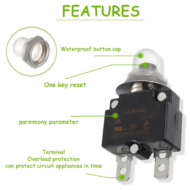 EPLZON 3A Manual Reset Push Button Circuit Breaker 125/250V AC