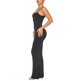 REORIA REORIA Women's Sexy Casual Lounge Slip Long Dress Elegant Wedding Guest Sleeveless Backless Ribbed Bodycon Maxi Dresses Black Small