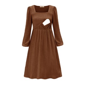 CzzzyL Mother Nursing Casual Dresses for Women Ruffle Long Sleeve Maternity Square Neck A Line Sundresses(Brown,Small)