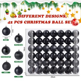 Pack of 42 Small Christmas Baubles Black 6 Different Design Plastic Christmas Tree Baubles 4 cm Mini Christmas Baubles Plastic Christmas Tree Baubles Christmas Tree Decoration Baubles