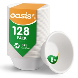 OasisSN [8 onzas, paquete de 128 cuencos de papel compostables, cuencos desechables biodegradables resistentes hechos de bagazo, ecológicos, aptos para microondas y congelador (certificado BPI)