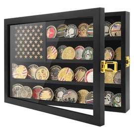 Military Challenge Coin Display Case, Lockable Military Coin Holder Cabinet with Removable Star Board & HD Tempered Glass Door, 100% Solid Wood Wall Mount Coins Collection Rack Stand (Black)