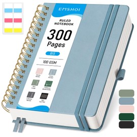 EMSHOI B5 Notebook College Ruled, Spiral Notepad 150 Sheets/300 Pages, 100gsm, HardCover, Sticky Notes, Pocket, Pen Loop, Ruler, Bookmark, Lined Journal for Women Men Writing, 19 x 25.8cm, Gray Blue