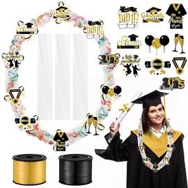 yesaior 60 Sets Graduation Candy Lei Making Kit, 2 Rolls Ribbons 60 Pcs Clear Poly Tubing Bags and 60 Pcs Paper Cut, 2025 Graduation Lei Making Kit, 2025 Party Supplies (Black Gold)