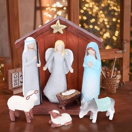 Ewaycom Nativity Scene 7-Piece Set, First Christmas Story Decoration Holiday Manger Little People Nativity Set, Sculpted Hand-Painted Nativity Figures, Christmas Indoor Home Table Fireplace Display