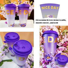 16oz Purple Plastic Cups with Lids 16 Pack - Frosted Clear Hard Disposable Cups Printed "Nice Day" & Flower Design for Bachelorette Party, Wedding, Birthday，Adults Plastic Drink Water Bottle