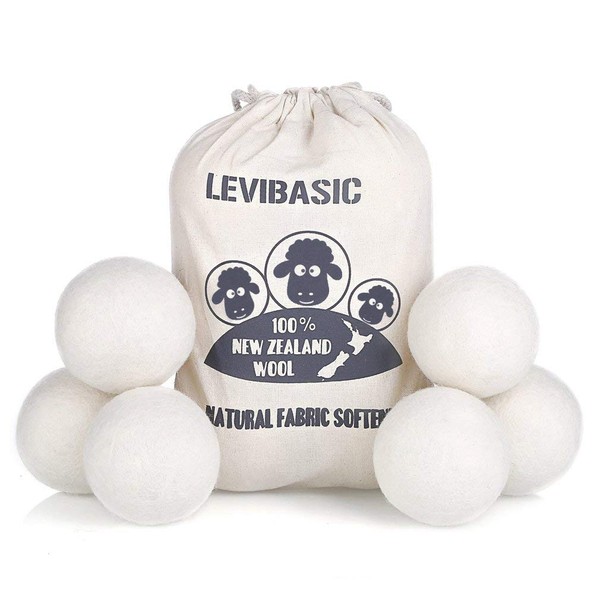 Wool Dryer Balls 6 Pack XL, 3" Genuine New Zealand Wool to Core, 100% Organic Fabric Softener Alternative, Baby Safe & Chemical Free, Reduce Wrinkles & Shorten Drying Time by LEVIBASIC (White-6pcs)
