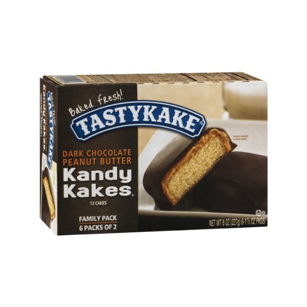 Tastykake Kandy Kakes Dark Chocolate Peanut Butter Snack Cakes, Family Pack of 12 Cakes