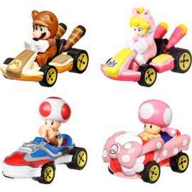 Hot Wheels Mario Kart 4-Pack, Collectible Set of 4 Toy Vehicles with Tanooki Mario, Cat Peach, Toad Sneeker & Toadette Birthday Girl