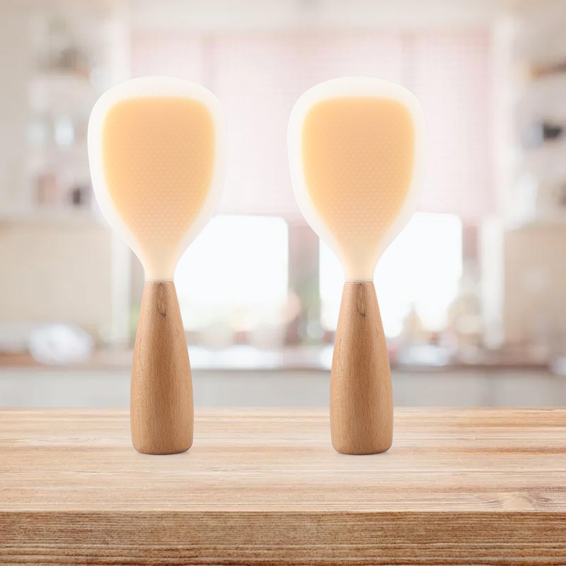2 Pack Silicone Rice Paddle Spoon with Wood Handle, Nonstick