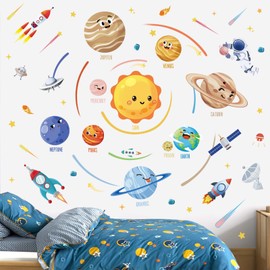 wondever Solar System Planet Wall Stickers Outer Space Astronaut Peel and Stick Wall Art Decals for Baby Nursery Kids Bedroom