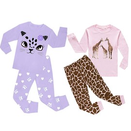 Babylike 4 Pieces Pajamas Sets Little Girls Sleepwears 100% Cotton Clothes Toddler Kid PJs(Purple Cat Giraffe,3 Years)