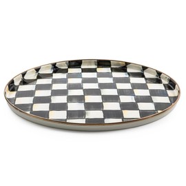 MACKENZIE-CHILDS Enamel Round Tray, Unique Cute Serving Platter for Food and Drinks, Black-and-White Courtly Check