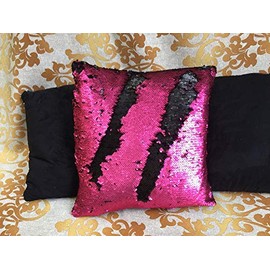 MERMAID SEQUIN CUSHION Cover Pillow Case - Reversable Flip Sequins Sofa 38x38cm (Hot Pink & Matte Black, Without Pillow Insert)