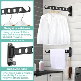 SKIKEN Laundry Drying Rack - Wall Mounted Clothes Hanger with Swing Arm, 6-Hole Laundry Hanger & Swivel Hanging Bar, Foldable Valet Hook, Laundry Room Closet, Sturdy Aluminum (2-Pack, Black)