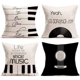 Easternproject Set of 4 Simple Music Throw Pillow Covers Black and White Piano Keyboard Guitar Vinyl Record with Inspirational Quotes Letters Pillow Cases Cushion Cover Cotton Linen 18x18 Inches