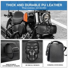 Quixofiber Motorcycle Handlebar Bag 3D Skull Motorcycle Bag/Motorbike Saddle Bags PU Leather Waterproof Motorbike Handlebar Bag for Honda Yamaha Kawasaki Suzuki Harley Triumph (Black)
