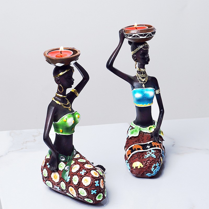 2PCS Vintage African Women Statue Candle Holders Resin Figurines Fits
