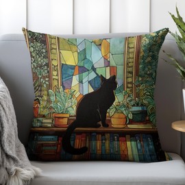 TopXmai Funny Black Cat Pillow Covers 18x18, Cat and Book Lovers Gifts, Colorful Stained Glass Bookish Kitty on Bookshelf Decorative Pillow Covers for Home Library Sofa Couch Bedroom Living Room，A237