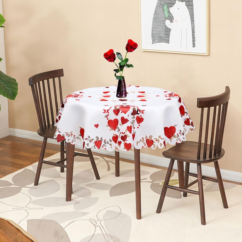 Grelucgo Embroidered Small Tablecloth for February 14th (Round 34 inches)