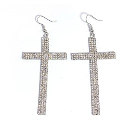 Large Cross Dangle Hook Earrings for Women Exaggerate Rhinestone Long Cross Dangling Drop Charm Earrings Fashion Earrings Jewelry (Silver)
