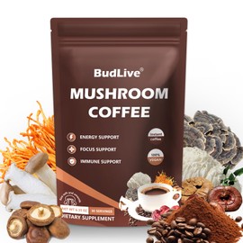 BudLive Mushroom Coffee – Instant Coffee Powder with Organic Lion’s Mane, Reishi, Cordyceps, Turkey Tail, King Trumpet & Shiitake – Energy, Focus, Digestion & Immune Support – 30 Servings 2PACK