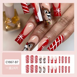 Christmas Press on Nails Long Square Fake Nails Red French Glue On Nails Snowflake Gifts Stick on Nails Swirl Pine Mouse False Nails Glossy Reusable Winter Xmas Nails for Women Girls Manicure 24pcs