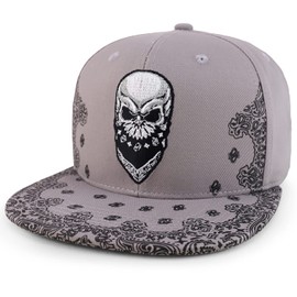 Trendy Apparel Shop Bandana de Calavera Bordada Snapback con Estampado de Cachemira, Gris, Large