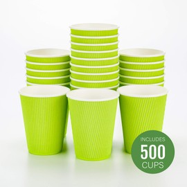 Disposable Paper Hot Cups - 500ct - Hot Beverage Cups, Paper Tea Cup - 12 oz - Eco Green - Ripple Wall, No Need For Sleeves - Insulated - Wholesale - Takeout Coffee Cup - Restaurantware