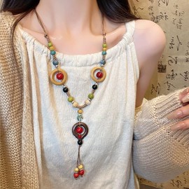 Navirix Boho Colorful Beads Hippie Long Y Necklace for Women,Vintage Ethnic Round Tassel Adjustable Rope Necklace,Circle Beaded Strand Charming Neck Jewelry (Colorful)