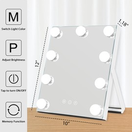 HOMPEN Vanity Mirror with Lights, Touch Control Makeup Mirror with 9 LED Bulbs, 3 Color Modes, Adjustable Brightness, 10X Magnifier, 12 Inches