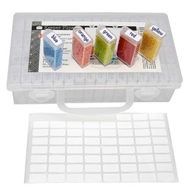 The Beadsmith Personality Case - Clear Storage Carrying Case 8.5 x 5 inches - and 64 flip top Boxes 1 x 2 inches Each, Includes Labels, for organizing and Storage