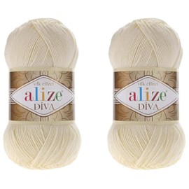 Alize Diva Yarn Hand Knitting Yarn 100% Microfiber Acrylic Yarn Alize Diva Silk Effect Thread Crochet Art Lace Craft Lot of 2 skeins 200gr 767 yds (01-Cream)