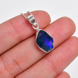 GEMKORA Natural Real Raw Ethiopian Black Opal Crystals Bezel Pendant Necklace, Birthstone, Healing Rough Gemstone, Birthday, Mothers Day Gift Jewelry, 925 Sterling Silver Jewelry 18 inch (1pendant)