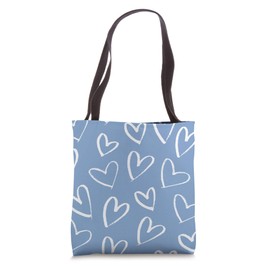 Vintage Cute White Minimalist Heart Doodle Drawing on Blue Tote Bag
