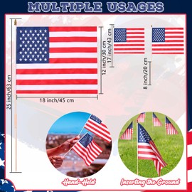 Mindsoft 12 Pack 18 x 12 Inch American Flags on Stick, Handheld USA Flags with Spear Top, Ground Wood Flagpole Pluggable Hand Held Stick Flags for Memorial Day Parades Veteran Party Decorations
