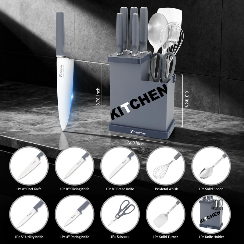 10-Piece Kitchen Knife Set with Metal Block, Grey