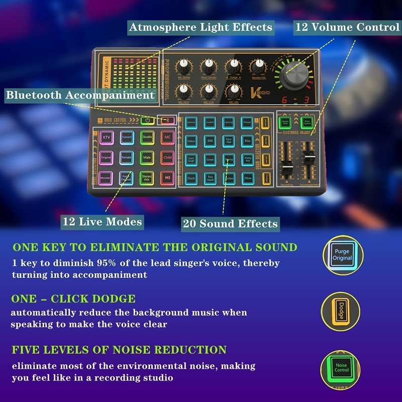 Sound Mixer Board, Voice Changer Sound Card with Multiple Sound