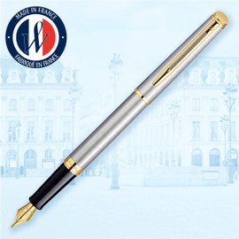 Waterman Hémisphère Fountain Pen | Stainless Steel with 23k Gold Trim | Medium Nib | Blue Ink | Gift Box