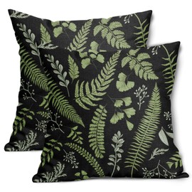 Green Leaf Plant Pillow Covers 20X20 Inch Set of 2 Tropical Fern Herbs Botanical Leaves Decorative Pillow Cases Vintage Floral Black Cushion Case Retro Home Decor for Sofa Couch Porch Outdoor