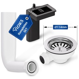 VIOKS Sink Drain Fitting with Strainer Basket Valve 114 mm & Draining Overflow for Sink/Sink, Kitchen Drain Fitting with Strainer for Sink